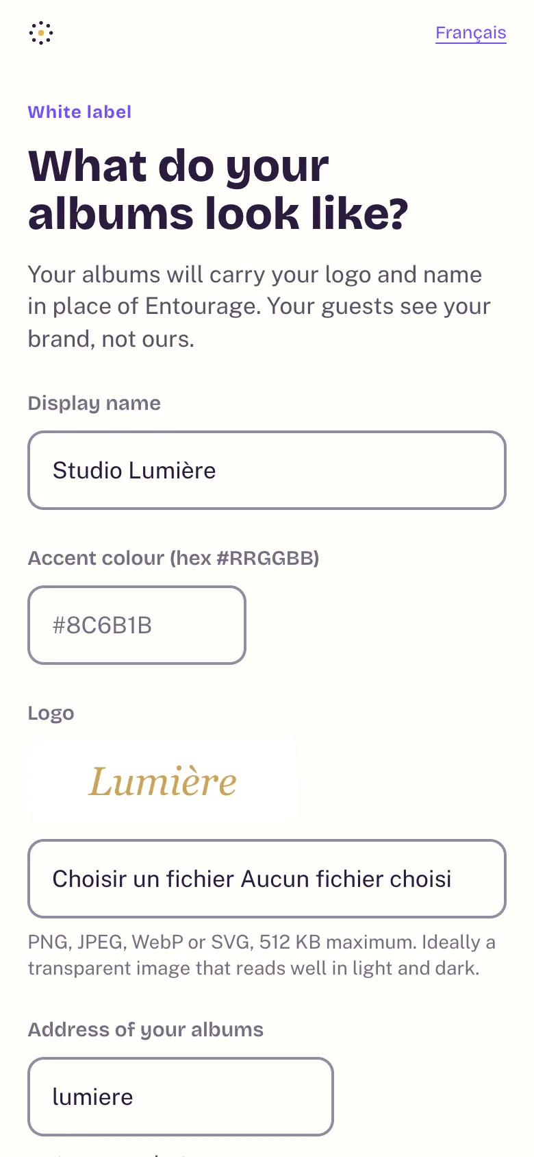 The White label screen: display name, logo and studio address