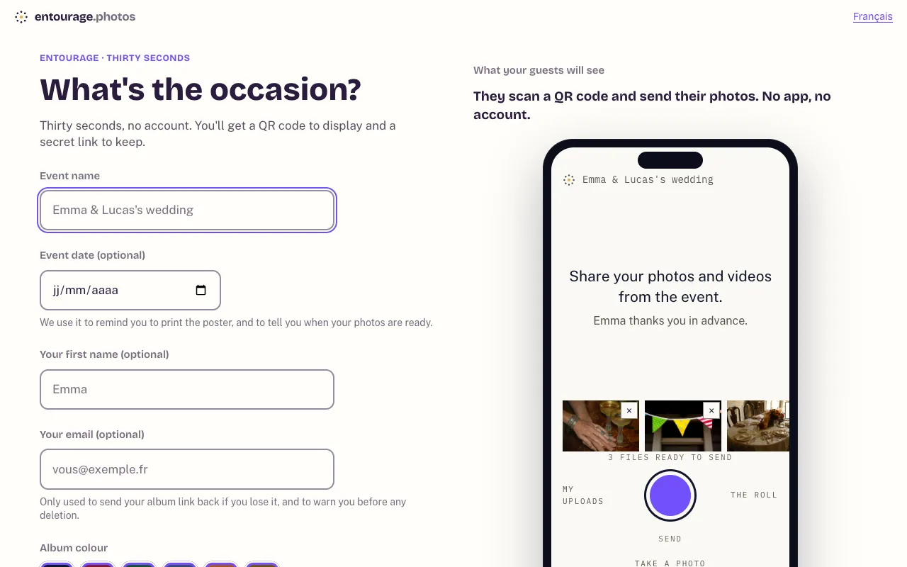 The album creation form with the event name, date, first name and email fields and the colour choice
