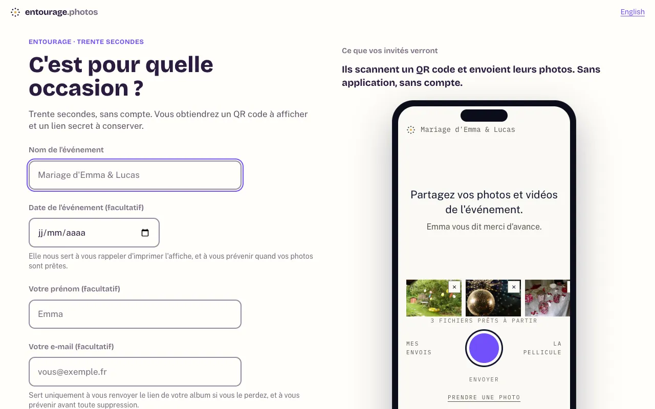 Le formulaire de création d'album avec les champs nom de l'événement, date, prénom, e-mail et le choix de la couleur