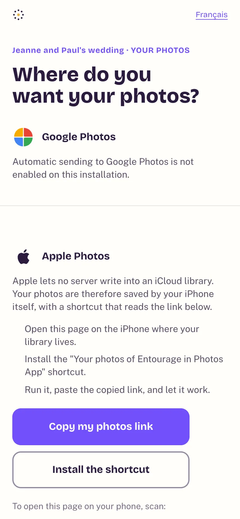 The host's photos screen, with the two destinations Google Photos and Apple Photos