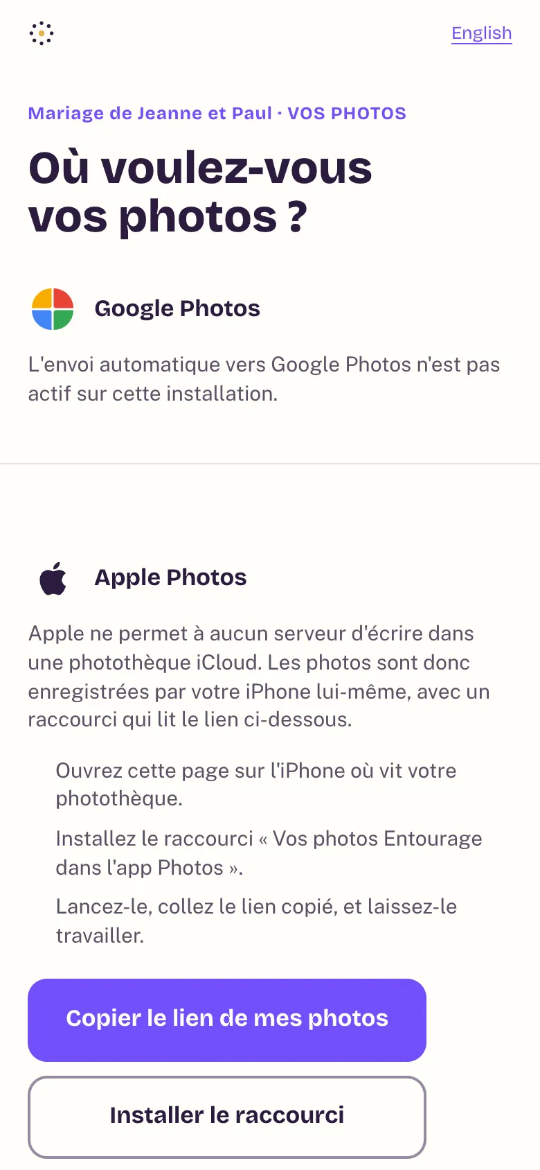 L'écran « Vos photos », qui propose Google Photos et Apple Photos