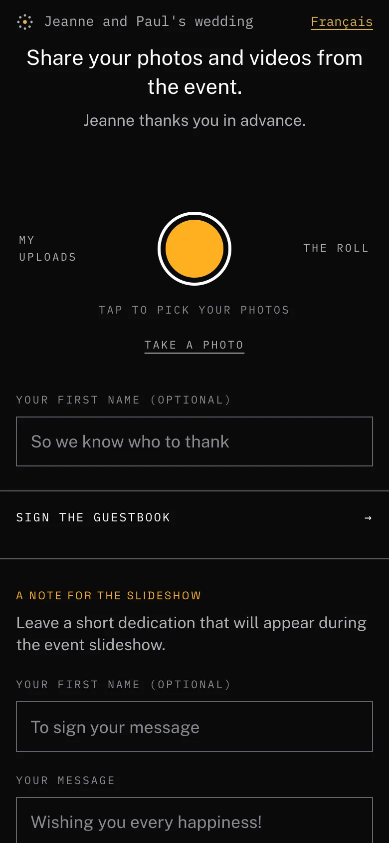 A guest's dark upload screen, with the shutter to choose photos, the first name and the Sign the guestbook link