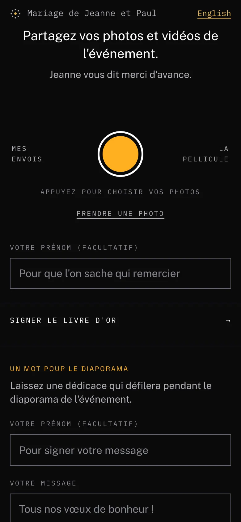 L'écran d'envoi d'un invité, sombre, avec l'obturateur pour choisir ses photos, le prénom et le lien Signer le livre d'or