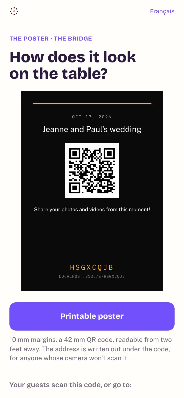 The poster preview with its QR code, and the buttons to copy the link and download the QR code