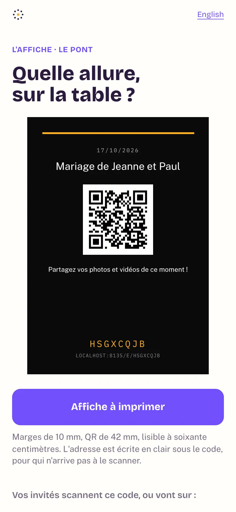 L'aperçu de l'affiche avec son QR code, et les boutons pour copier le lien et télécharger le QR code