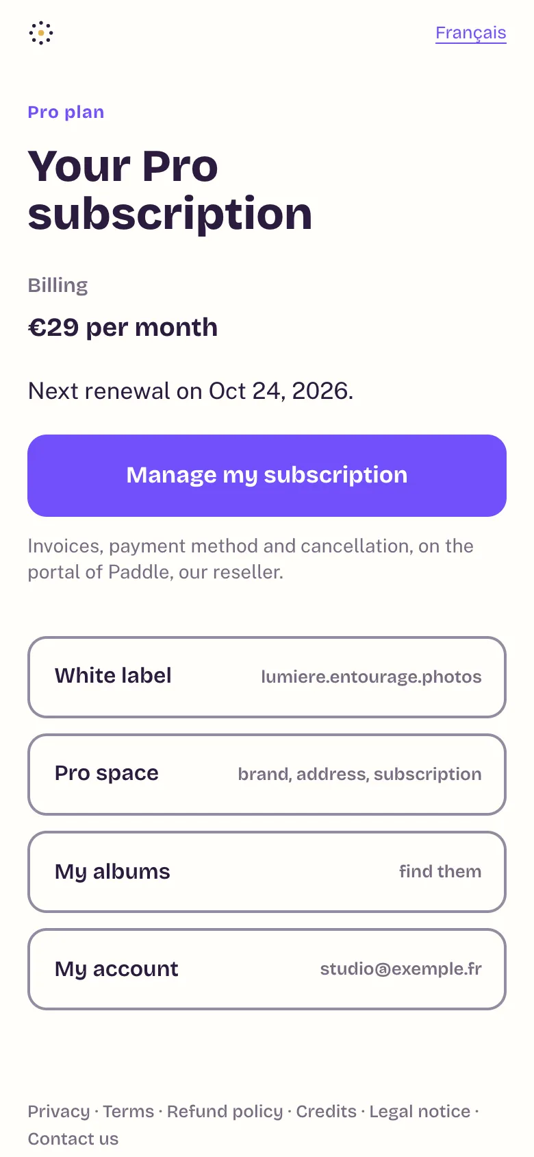 The Your Pro subscription screen: plan, renewal and subscription management