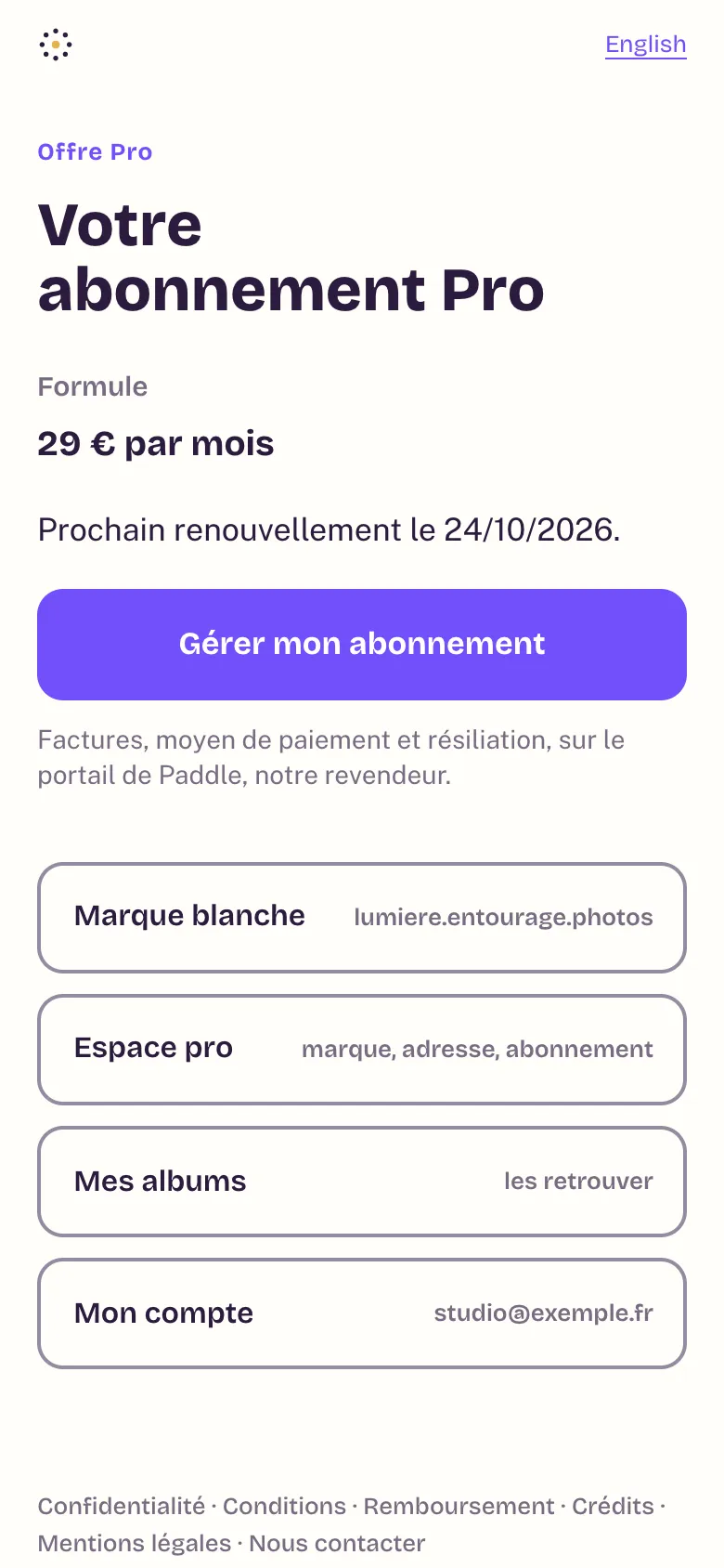 L'écran Votre abonnement Pro : formule, renouvellement et gestion de l'abonnement