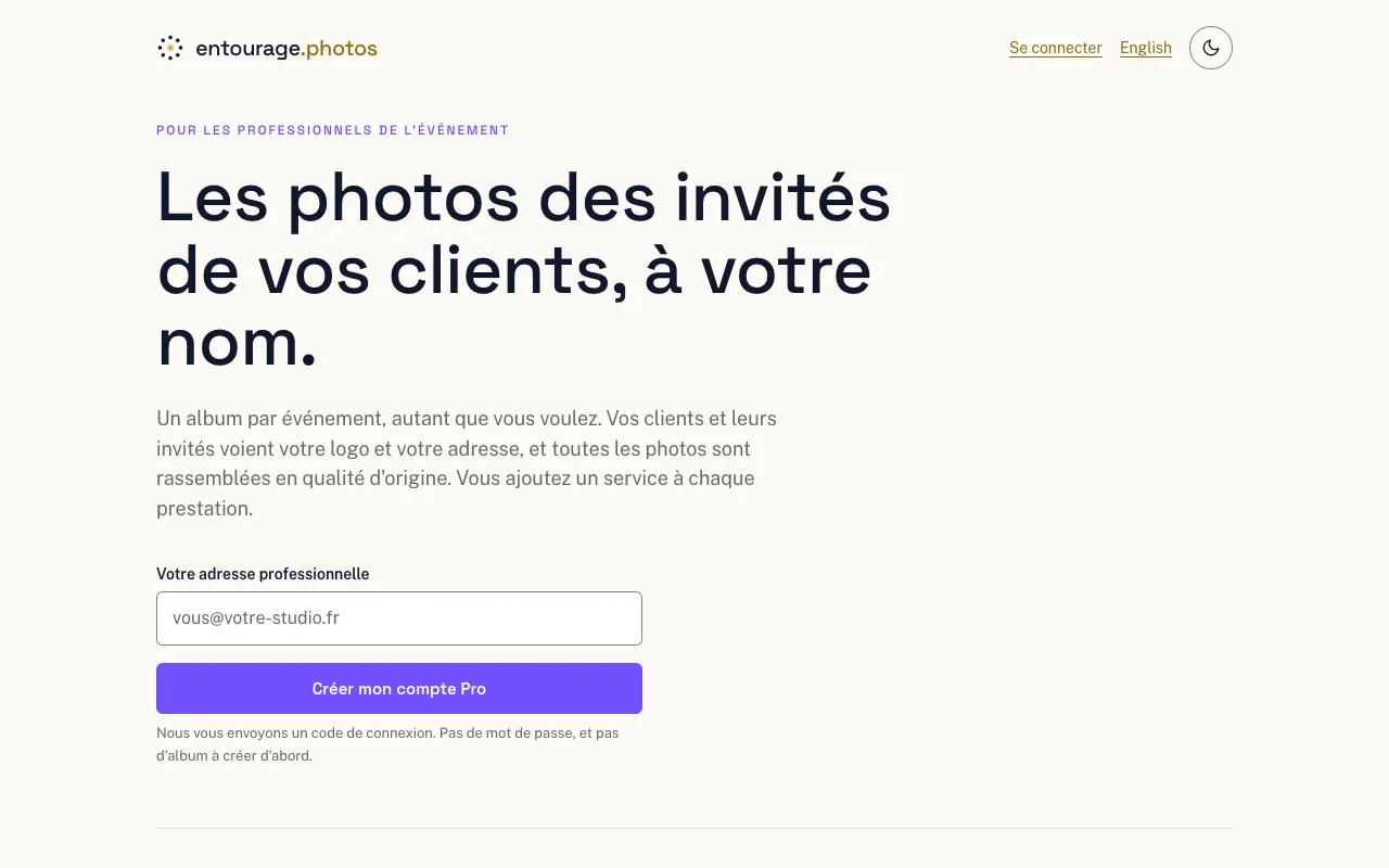 Le haut de la page publique de l'offre Pro d'Entourage