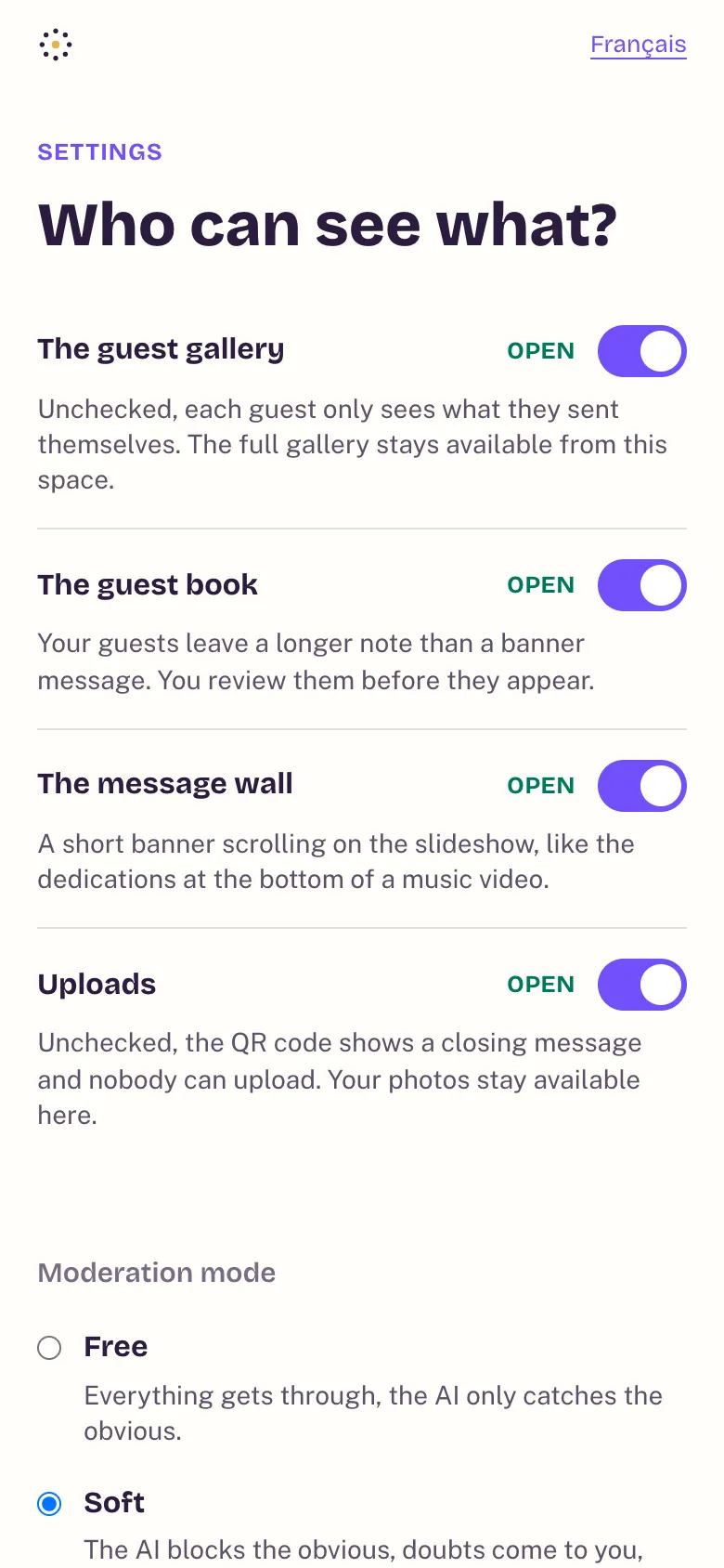 The album settings: guest gallery, guestbook, message wall and uploads open or closed