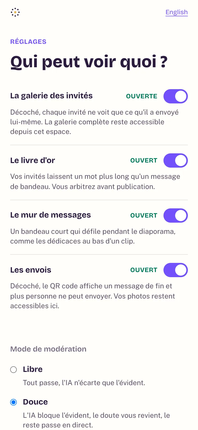 Les réglages de l'album : galerie des invités, livre d'or, mur de messages et envois ouverts ou fermés