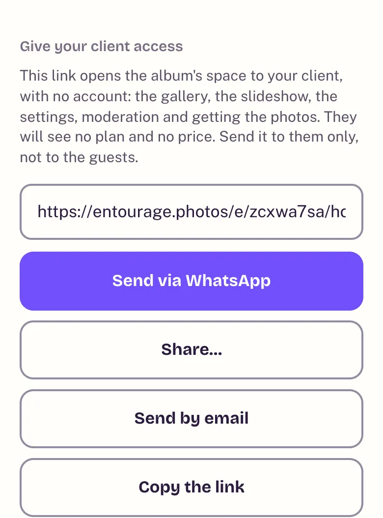 The Give your client access block: the link, and WhatsApp, Share, email and Copy buttons