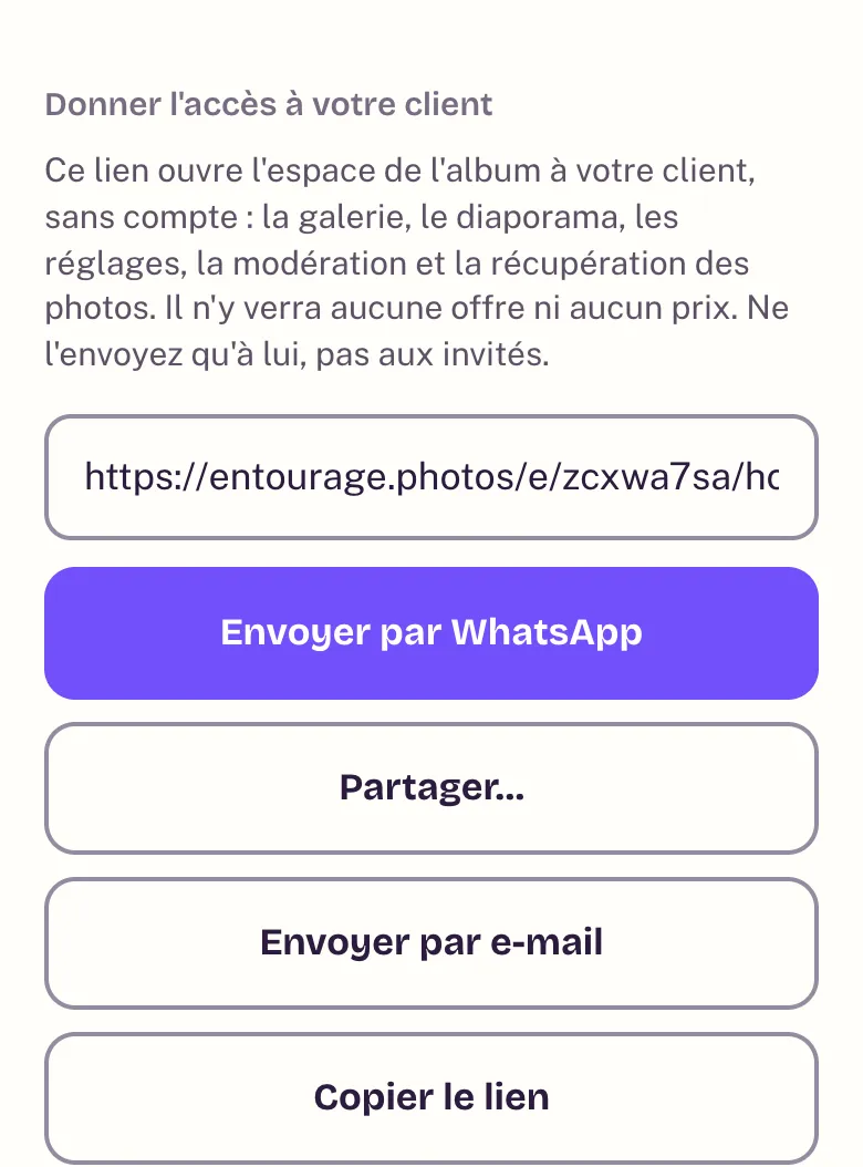 Le bloc Donner l'accès à votre client : le lien, et les boutons WhatsApp, Partager, e-mail et Copier
