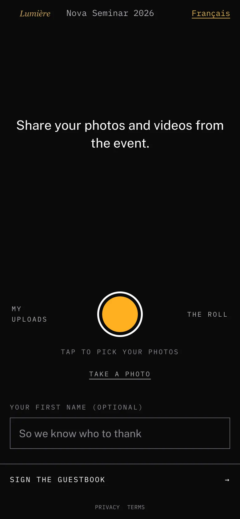A guest's upload screen on a phone, with the Lumière studio logo instead of Entourage's