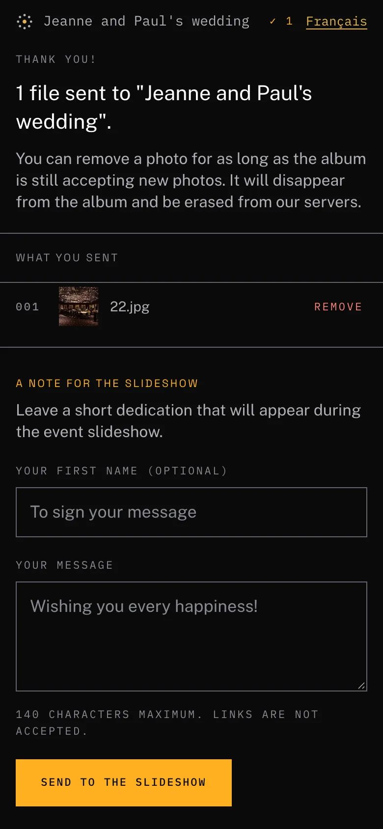 The thank-you page, listing what this device has sent
