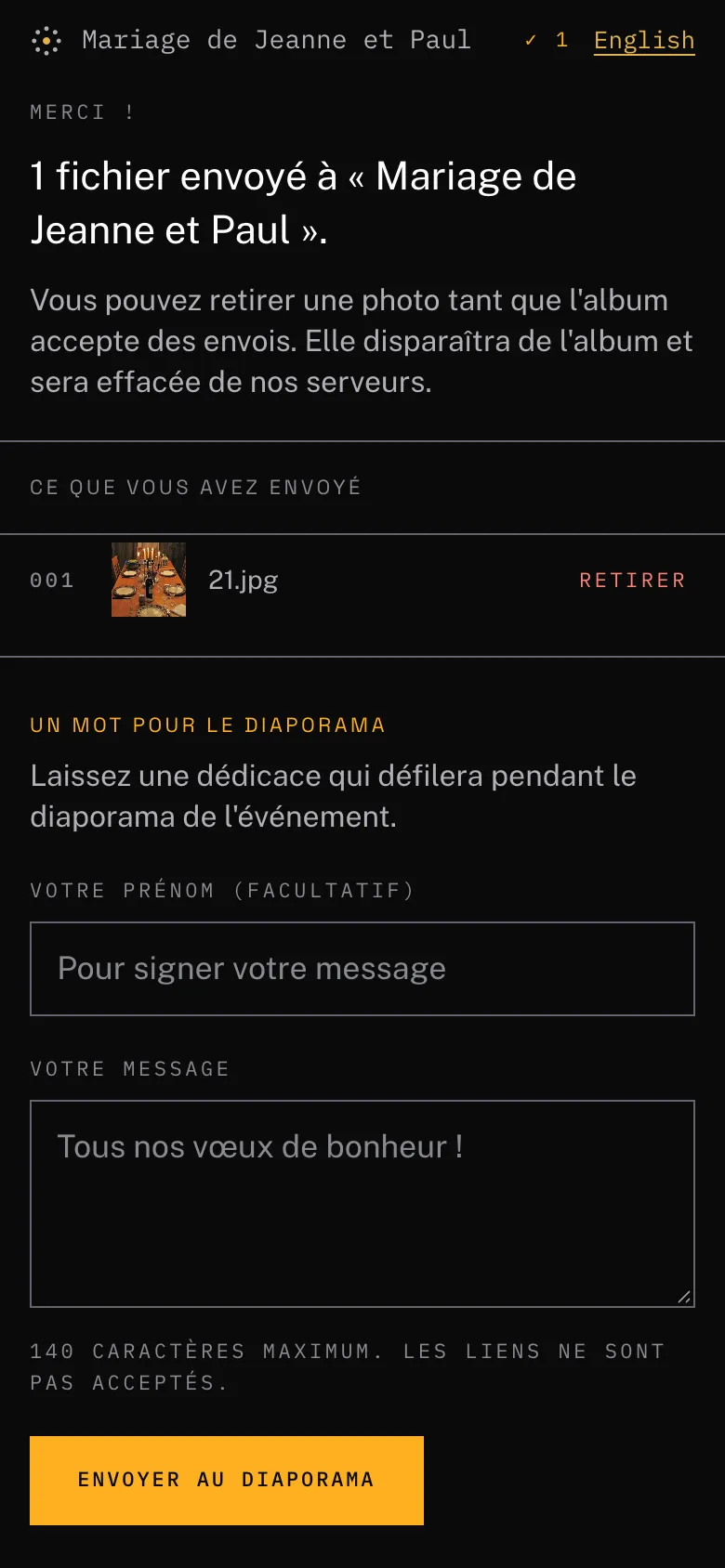 La page de remerciement de l'invité, qui liste ce que cet appareil a envoyé