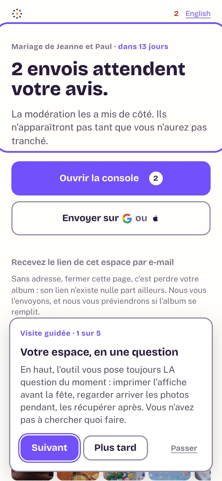 La visite guidée ouverte sur l'espace organisateur, à l'étape 1 sur 5